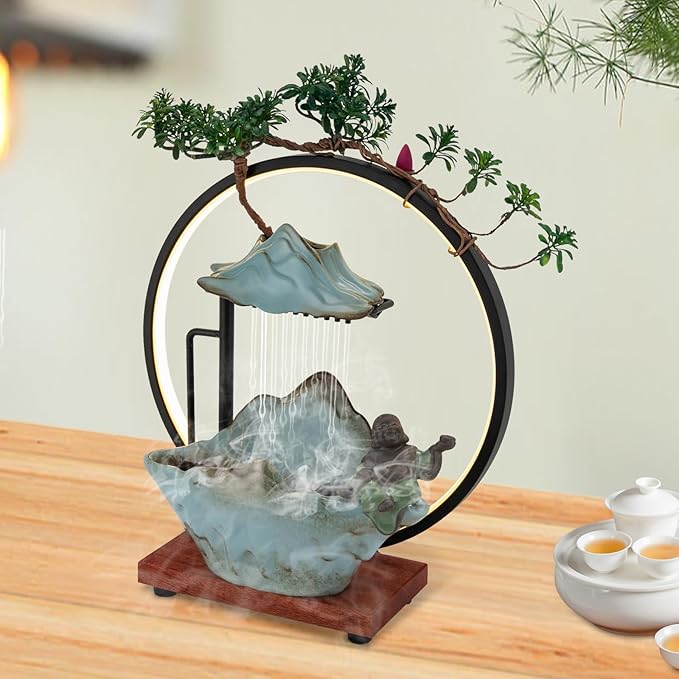 Backflow Incense Holder with Water Fountains and LED Light, Rockery, Maitreya and Plants Perfect for Relaxing or Home Decor (Maitreya)