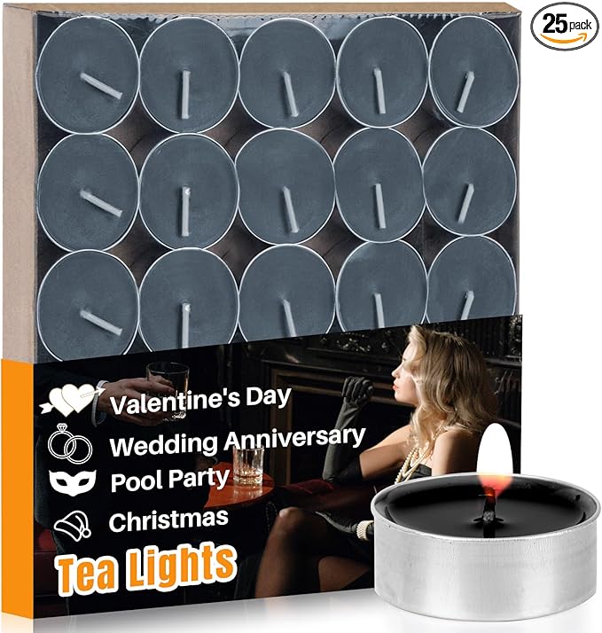 Black Tealight Candles Bulk - Mini Votive Tea Tree Lights Tea Lights Candles with Cotton Wick for Home,Pool,Shabbat,Wedding,Emergencies,Christmas 25PCS