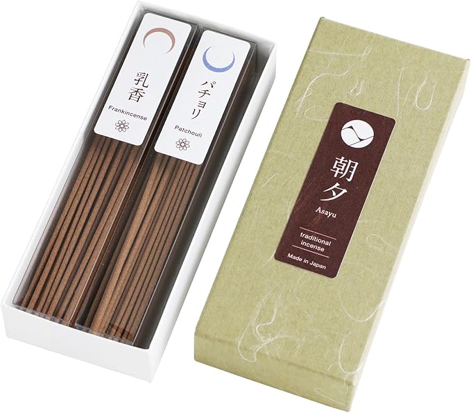 Asayu Japan Traditional Incense Sticks - Reflection Set (Frankincense + Patchouli), 40gr (Each Scent 20g), for Yoga, Zen Meditation and Relaxation - Traditional Smoke Type