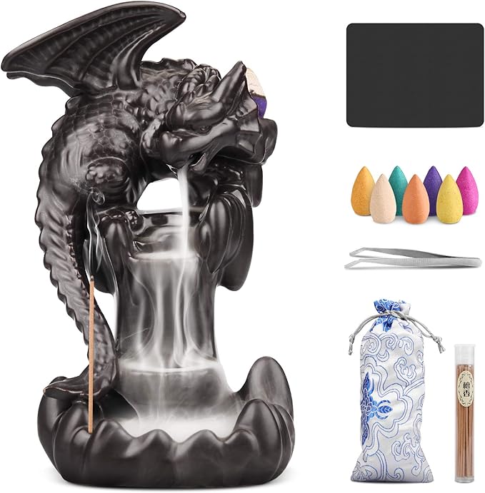 Ceramic Dragon Backflow Incense Holder Waterfall Incense Burner, Smoke Incense Holder, with 70 Backflow Incense Cones + 50 Incense Stick, 1 Mat, 1 Tweezers Home Decor (Brown-Flying Dragon)