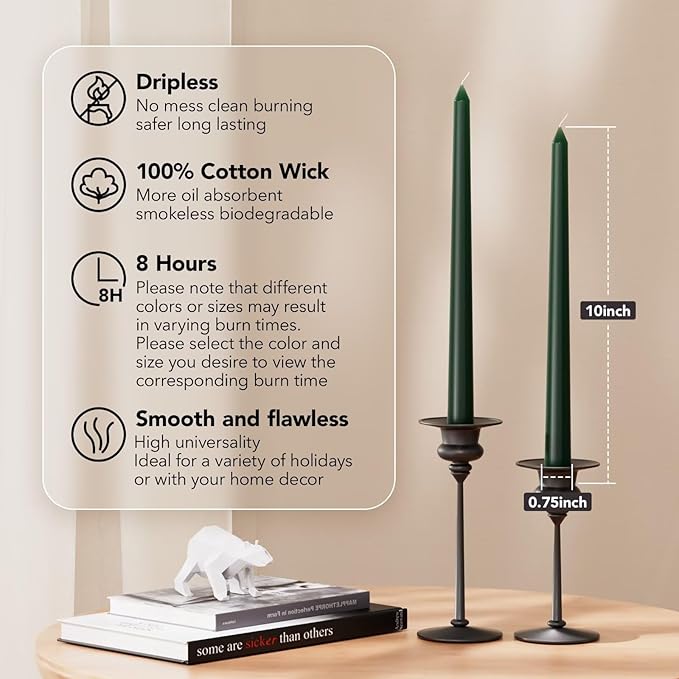 New Burning Formula Unscented Dripless 10-Inch Taper Candles Set of 12 - Dark Green, for Wedding, Dinner - Smokeless, Long Burning - Hand Poured, Colored Tall Candlesticks - Verde Oscuro