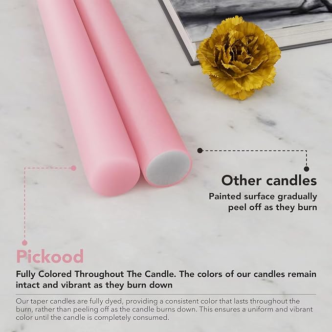 New Burning Formula Unscented Dripless 10-Inch Taper Candles Set of 12 - Pink, for Wedding, Dinner - Smokeless, Long Burning - Hand Poured, Colored Tall Candlesticks - Rosa