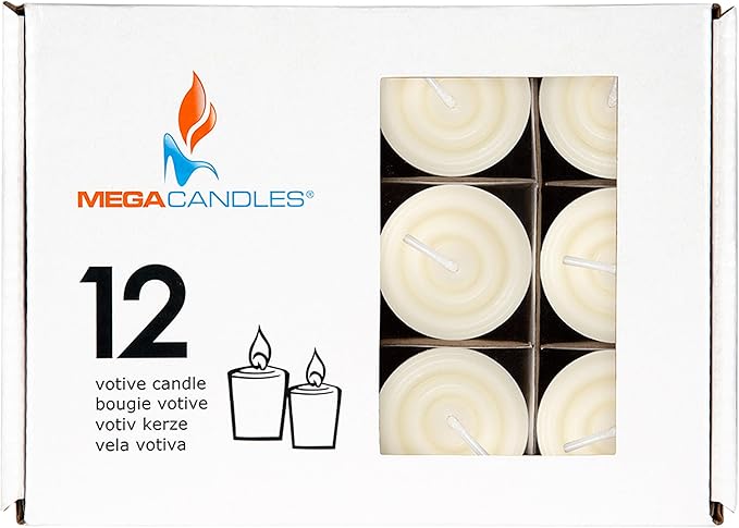 Mega Candles 12 pcs Unscented Ivory Votive Candles, Hand Poured Wax Candle 15 Hours 1.5 Inch x 2.25 Inch, Home Décor, Wedding Receptions, Centerpieces, Occasions, Events, Meditations, Holders