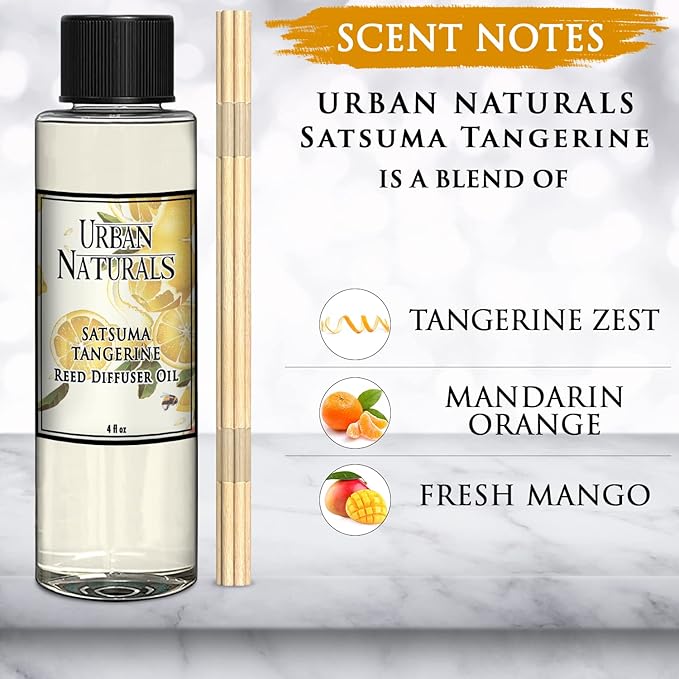 Urban Naturals Satsuma Tangerine Reed Diffuser Refill Set | Includes a Free Set of Reed Sticks! 4 oz | Long Lasting Room Scent | Great Home Gift Idea