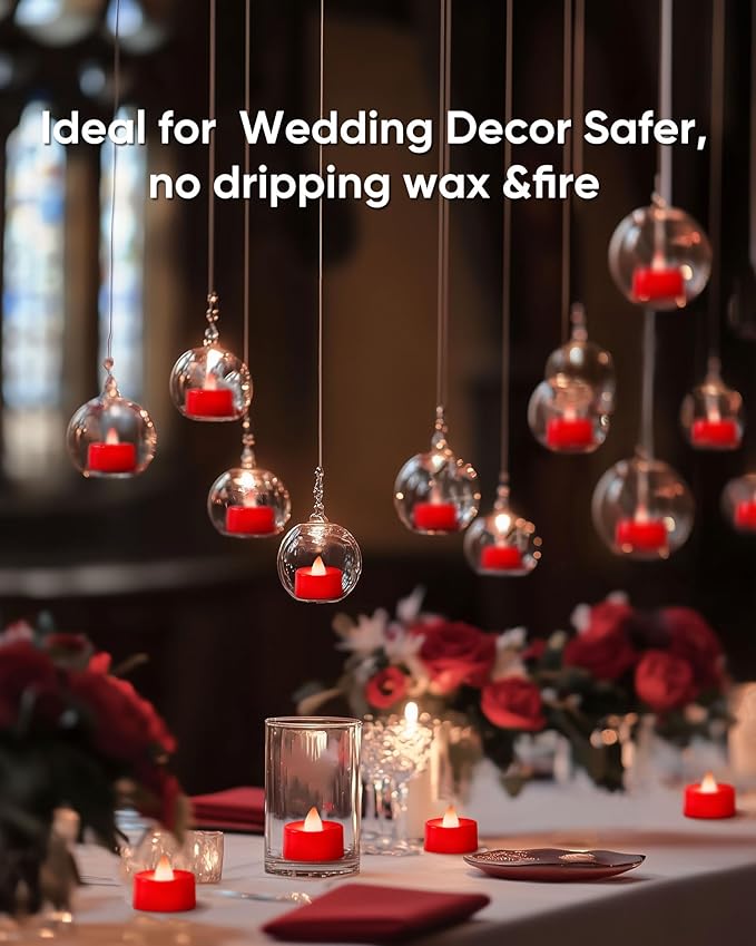 Raycare Red Tea Lights Battery Operated, 24 Pack Long Lasting Electric Votive Candles, Realistic Fake Flameless LED Tea Lights for Wedding Party Thanksgiving Christmas Halloween Decorations
