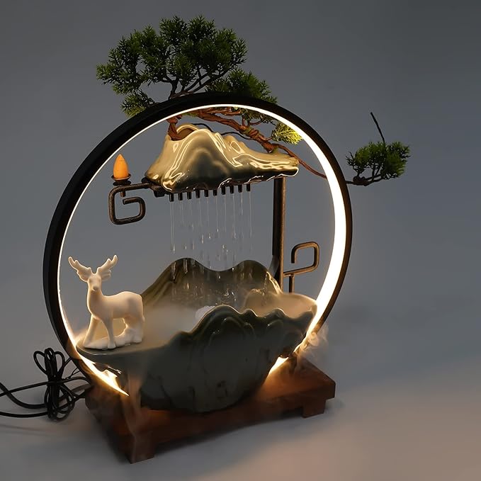 Backflow Incense Holder with Water Fountains and LED Light, Rockery, Deer and Plants Perfect for Relaxing or Home Decor (Deer witn Rockery)