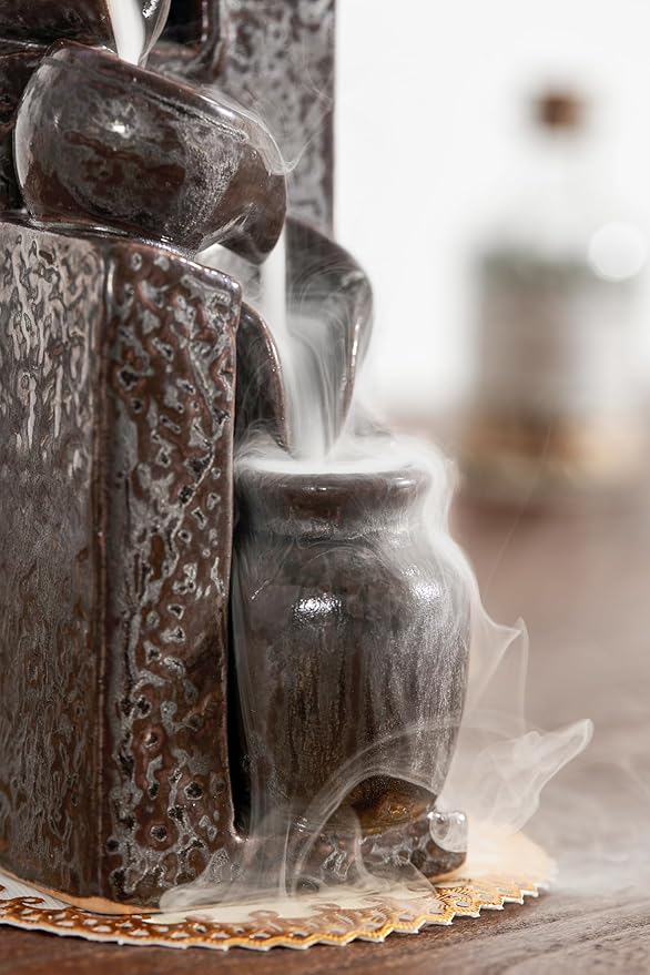 Unique Cascading Basins Ceramic Waterfall Incense Holder, Paired with a Pack of Backflow Incense Cones. (Metallic)