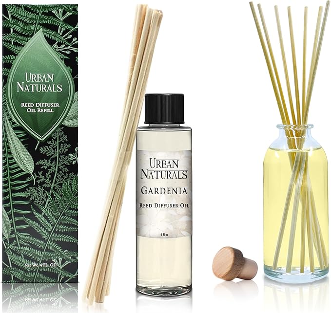 Urban Naturals Gardenia Scented Oil Reed Diffuser Refill | Includes a Free Set of Reed Sticks! Jasmine, Ylang Ylang, Tuberose & Amber Notes, 4 oz (2 Pack)