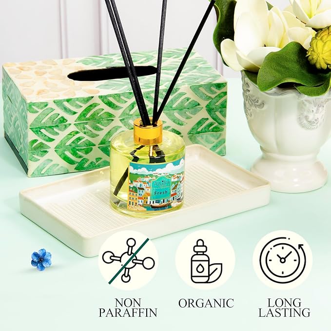 Reed Diffuser Set, 6.7oz(200ml) Fresh Scented Diffuser for Home with 6 Sticks,Home Fragrance Scent Essential Oil Stick Diffuser for Bathroom Shelf Decor