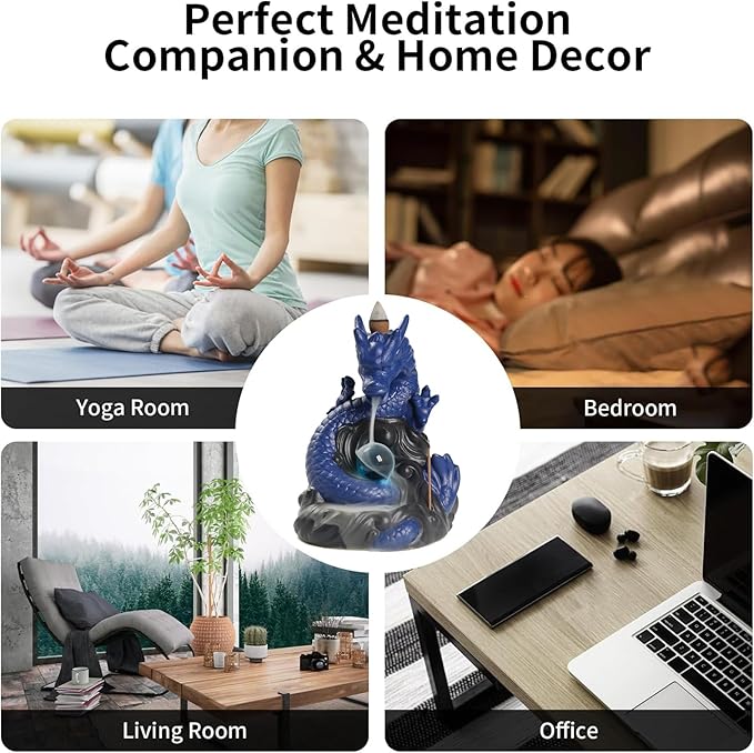 Dragon Waterfall Incense Burner,Backflow Incense Burner with 20 Incense Cones and 30 Incense Sticks，Ceramic Incense Cone Holder Used for Relaxation, Meditation, and Home Decoration (Blue)