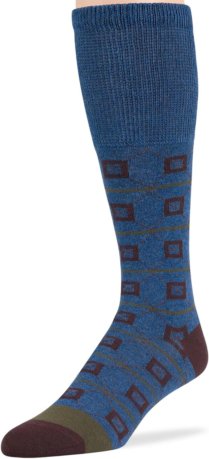 7BIGSTARS KINGDOM Men's Diabetic Fashion Non-Binding Cotton Dress Mid Calf Socks - 5 Pack Big Tall - Geometric, Argyle, Stripe - Sock Size 13-15 Shoe Size 12-15 XL Brown, Denim Blue