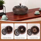 Incense Burner with Stick Holder for Sticks Cones and Coils, Black Walnut Wooden Incence Holder for Meditation Yoga Spa Room Home Decor