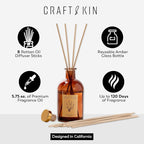 Craft & Kin Oud Wood Diffuser Reed Diffuser | All Natural Essential Oil & 8 Rattan Scent Sticks | Reed Diffusers for Home, Bathroom | Long Lasting Home Fragrance in Amber Glass, 5.75oz