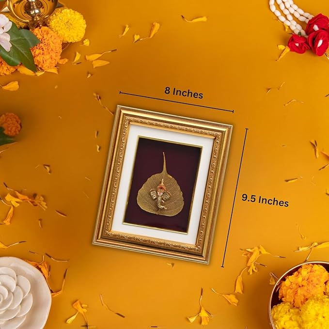 Golden Ganesha Gold Leaf - God Gold Plated Decorative Photo Frame | for Gifting, Home Decor, Table Decor and Temple or Pooja Room Decoration (9.5 x 8 Inches)
