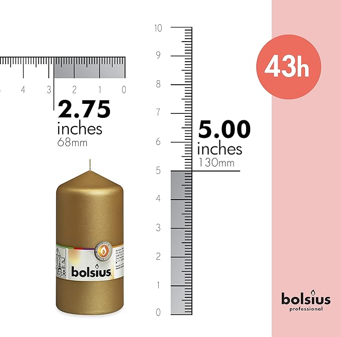 BOLSIUS 8 Gold Pillar Candles Metallic - 2.75 x 5 Inches - Premium European Quality - Individually Wrapped - 43 Hours Burn Time - Dripless & Smokeless - Unscented Dinner, Wedding & Home Decor Candles