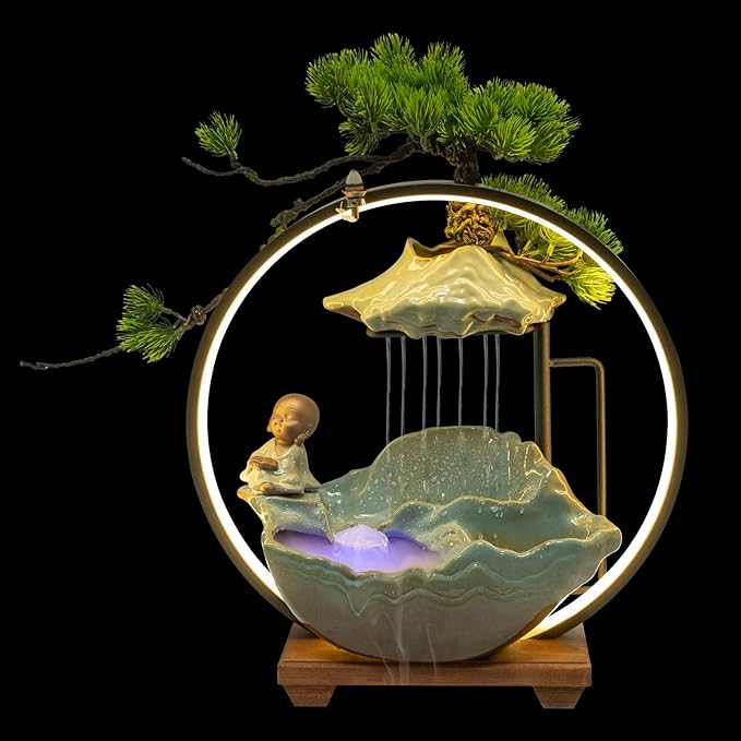 Backflow Incense Holder with Water Fountains and LED Light, Rockery, Monk and Plants Perfect for Relaxing or Home Decor (Monk witn Rockery)
