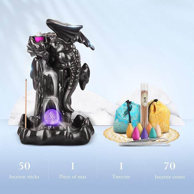 Ceramic Dragon Backflow Incense Holder - Waterfall Smoke Burner with 70 Cones + 50 Sticks, Mat & Tweezers, Unique Smoke Effect for Aromatherapy, Meditation & Home Decor (Brown)