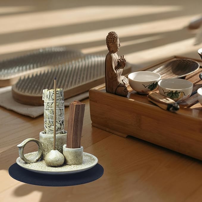 4 in 1 Incense Burner Holder for Sticks, Palo Santo Sticks Holder, Candle and Sage Holder for Burning Ceramic Ash Catcher Tray for Meditation Yoga Room Home Decor (Gray)