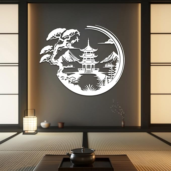 Japanese Metal Wall Art, Bonsai Tree & Torii Gate Metal Wall Decor, Bonsai Tree Wall Decor, Asian Wall Art, House Decorations Living Room, Gift for Japan Culture Lover (Silver, 24"x20"/60x50cm)