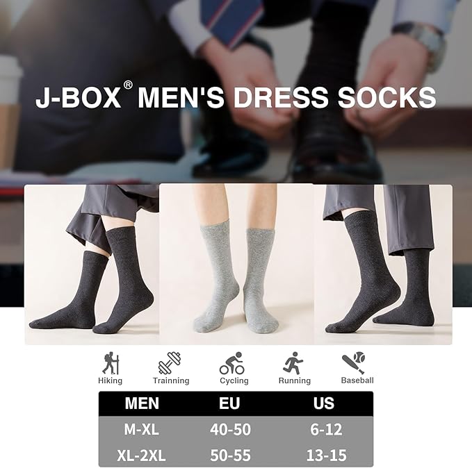 J-BOX Men's Cotton Crew Socks-Wicking Black Dress Socks, Anti-Odor&Breathable for Business/Casual, Size 6-15