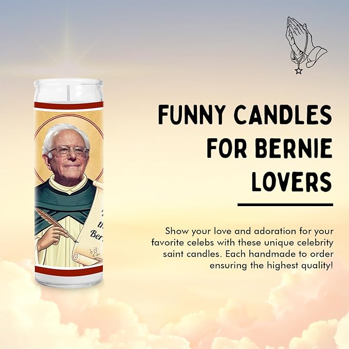 Bernie Celebrity Glass Jar Candle – Unscented Handmade Soy Wax Votive Candle – Unique Gift for Public Figure Fans – Home Decor Collectible for Living Room & Office – 8 Inch
