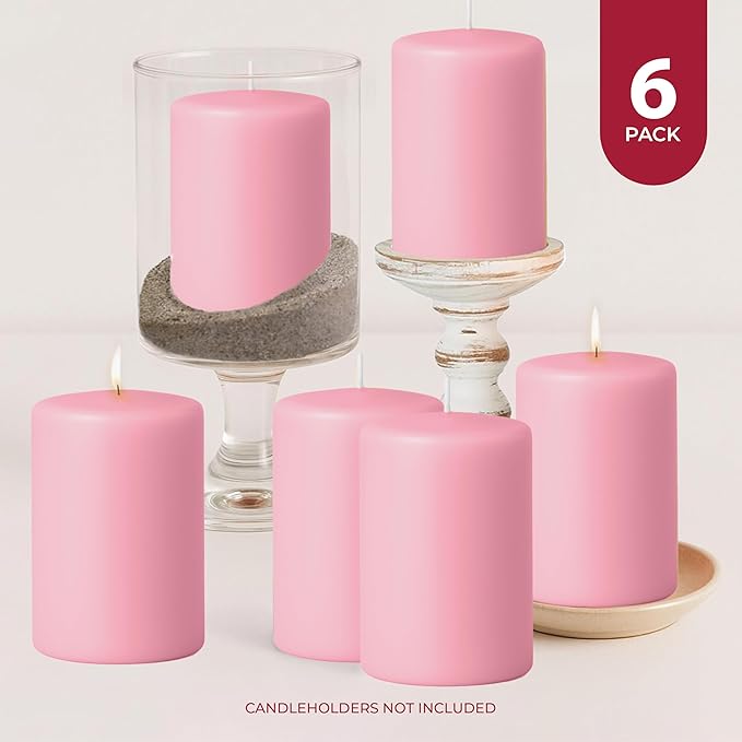 Biedermann & Sons 45-Hour Long Burning Unscented Pillar Candles, Dusty Rose, 3 x 4 Inch - Set of 6