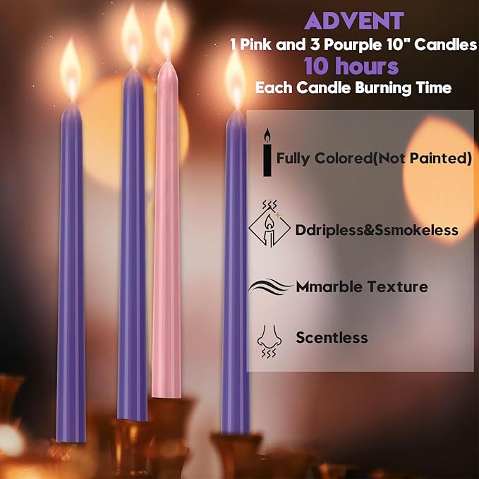 4 Pack Advent Taper Candles Premium Hand Dipped 10in Unscented Christmas Taper Candles - Ideal for Seasonal Celebrations, Holidays, Church, Celebration, Party