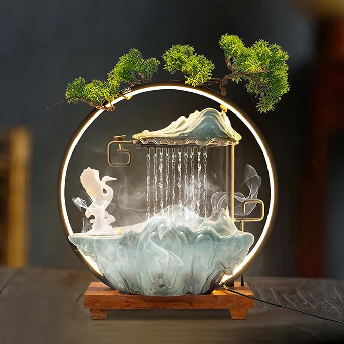 Backflow Incense Holder with Water Fountains and LED Light, Rockery, Crane and Plants Perfect for Relaxing or Home Decor