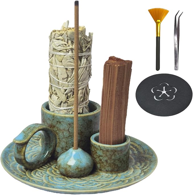 4 in 1 Incense Burner Holder for Sticks, Palo Santo Sticks Holder, Candle and Sage Holder for Burning Ceramic Ash Catcher Tray for Meditation Yoga Room Home Decor (Blue)