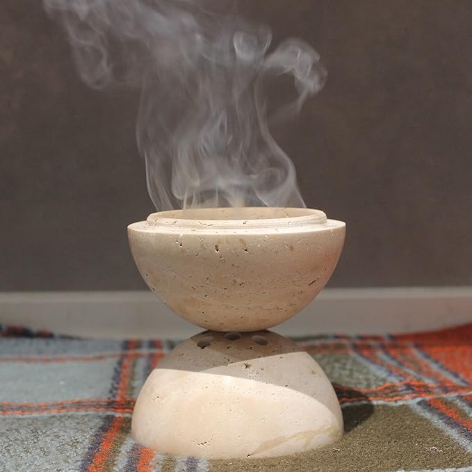 Natural Travertine Incense Cone Holder, Handmade Stone Sphere Incense Burner for Medication Yoga Home Décor 4.1 inches