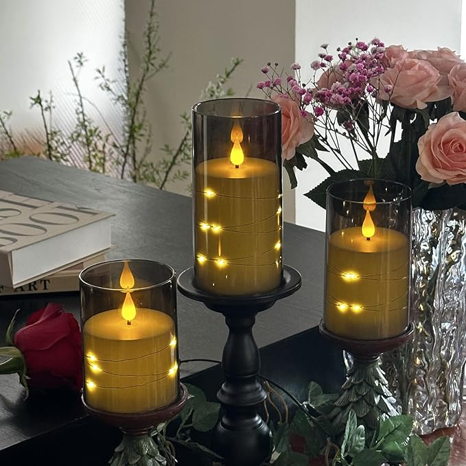 Flameless Candle with String Light, Battery Powered Candle, Recessed String LED Candle, Indestructible Plexiglass Candles with Remote Control, Set of 3, Gray
