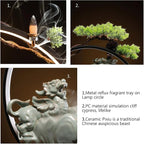 Waterfall Fountain Indoor with Mist, Tabletop Water Fountain,Desk Chinese Ceramic Pixiu Statue with LED Light Ring and Backflow Incense Burner Holder