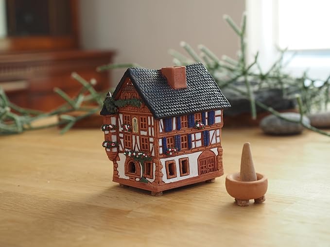 Ceramic Art Cone Incense Holder Room Decoration Handcrafted Collectible Miniature Historical Timbered House in Kaysersberg, Alsace, France R264