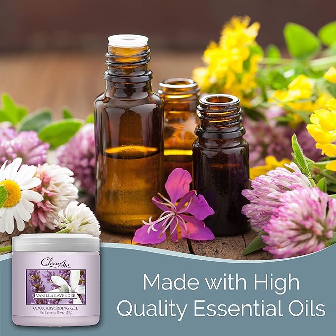 Clear Air Odor Absorber Gel - 15 oz, Pack of 2 - Air Freshener Absorbs and Eliminates Odors in Bathrooms, Cars, Boats, RVs and Pet Areas - Made with Essential Oils - Lavender Vanilla Scent