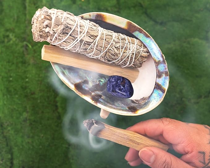 Sage Kit - Common Sage Smudge Stick ~ Abalone Shell for Smudging ~ Palo Santo Sticks ~ 2 inchTripod Stand ~ 8 inch Feather and White Sand