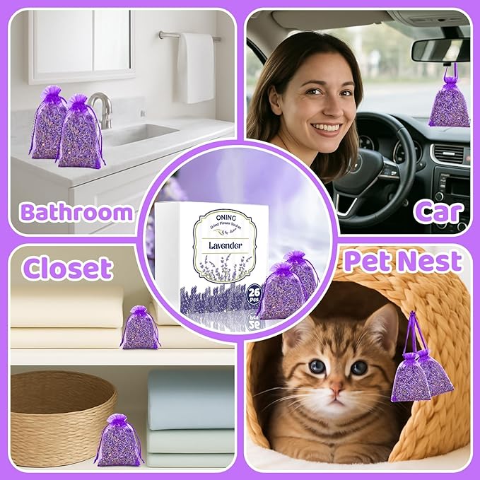 26 Pack Lavender Sachet Bags - Home Fragrance Sachets, Natural Lavender Flowers, Dried French Lavenders Perfect for Wardrobe, Drawers, Closet, Storage