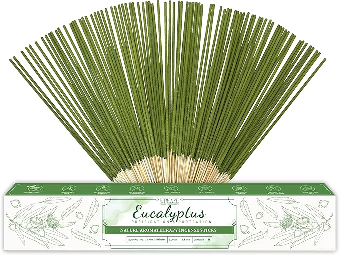 Organic-Natural-Non-Toxic-Eucalyptus-Incense-Sticks (86 Agarbatti Sticks) | 75 Minutes Long Lasting Burn for Positive Vibes, Relaxation, Aromatherapy, Air Purification, Meditation, Protection