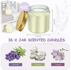 ACITHGL 36 Pcs 4oz Mini Mason Jar Candles Small Scented Candles Bulk Aromatherapy Ideal Souvenir Favors for Wedding Birthday Party (Freesia, Lavender, Jasmine, Gold)