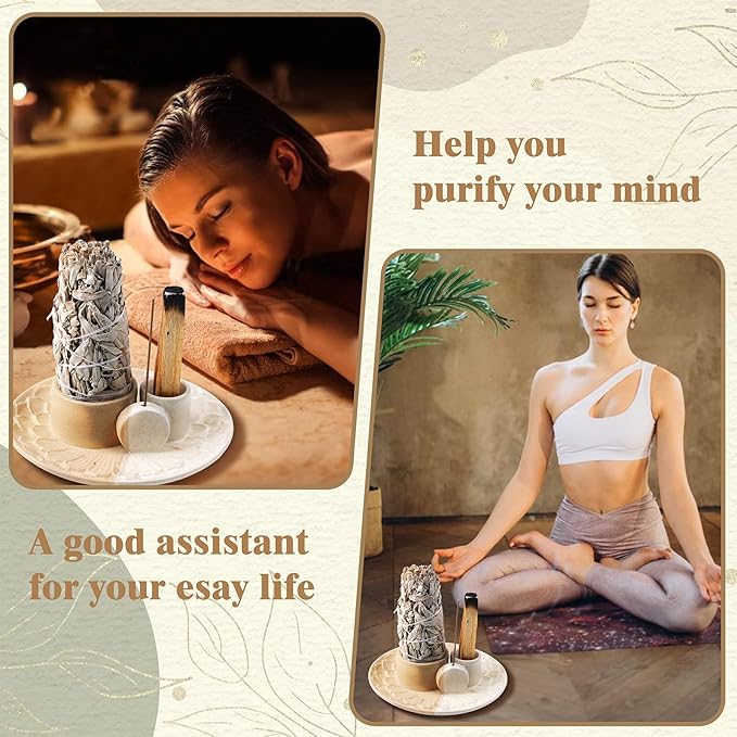 4 in 1 Incense Holder, Ceramic Incense Stick and Palo Santo Holder,Sage Holder for Burning- 5.5" Ceramic Ash Catcher Tray for Meditation and Yoga Room (Sand)