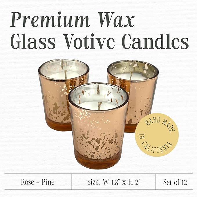 Mister Candle Pine Scented Holiday Votives Candles, Scented in Mini Artisan Rose Mercury Jars, Christmas Candles with Pine Mistletoe Essential Oils Hade Made in USA, 15 Hr Burn Time (Set of 12)