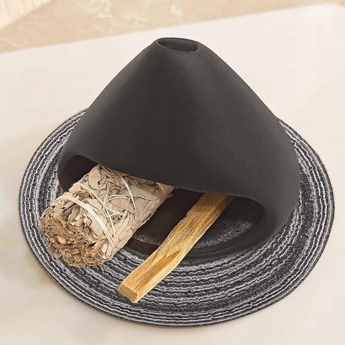 Yawlsow Palo Santo Holder Burner, Charcoal Bakhoor Incense Burner,Smudge Bowl,Sage Holder,Ash Catcher for Meditation Zen Decor (Black+Mat)