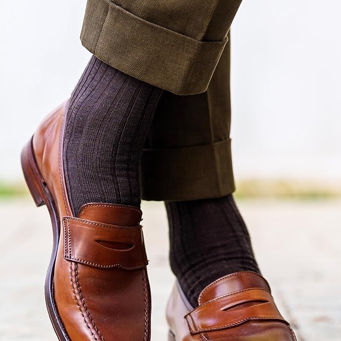 Merino Wool Mid-Calf Dress Socks for Men, Ribbed Dress Socks