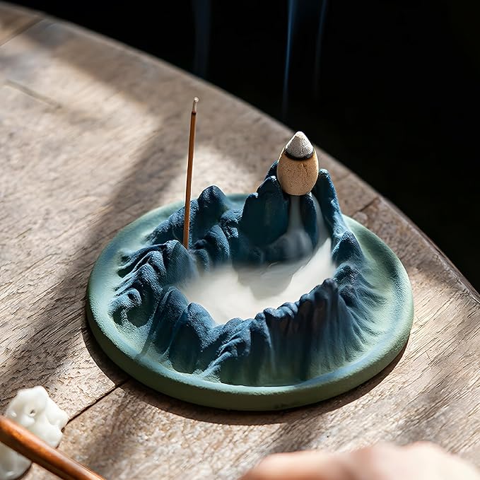 Backflow Incense Burner, Green Mountain Incense Holder for Cone Incense Stick,Ash Catcher,Aromatherapy Bathroom and Home Decoration