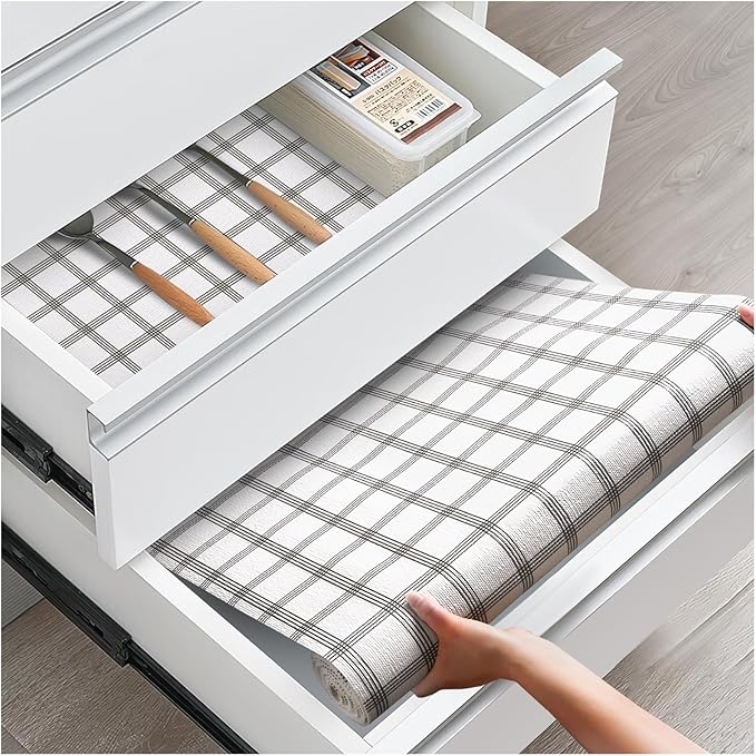 Drawer and Shelf Liner, Non-Slip Kitchen Cabinet Liners Non-Adhesive Thick Strong Grip Waterproof Washable Mats Protect Dresser Shelves Cupboard Bathroom Cabinets, White Stripes, 18IN X 20FT