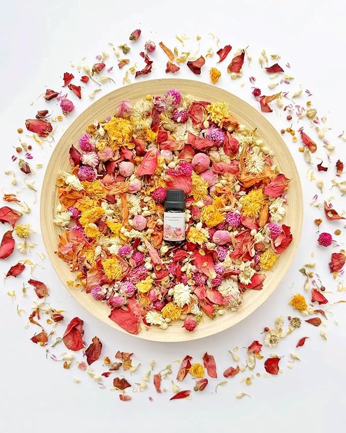 Fall Potpourri Bowl Filler, Rose Scented Potpourri Dried Flowers with Rose, Calendula, Chamomile, Jasmine, Lily, Peony,Albizia,Gomphrena, Pink Decorative Bowl Filler for Home Fragrance, Hostess Gift