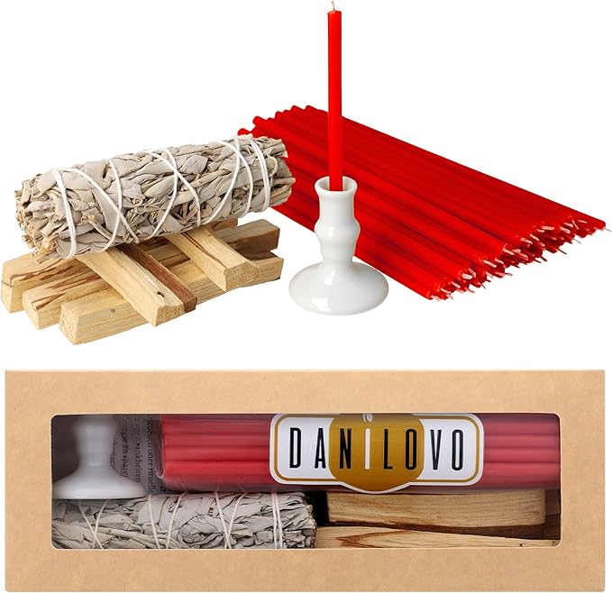 Danilovo Smudging Kit – 5 Palo Santo Sticks, 1 White Sage Smudge Stick, 50 Beeswax Taper Candles & Ceramic Candle Holder Set for Meditation, Cleansing, and Spiritual Practices