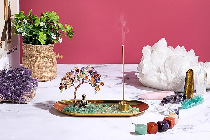 Jovivi Crystal Incense Holder for Sticks, Healing Crystal Stone Money Tree Buddha Statue Set Incense Burner, Incense Trays for Wealth, Good Luck,Yoga Meditation Home Decor