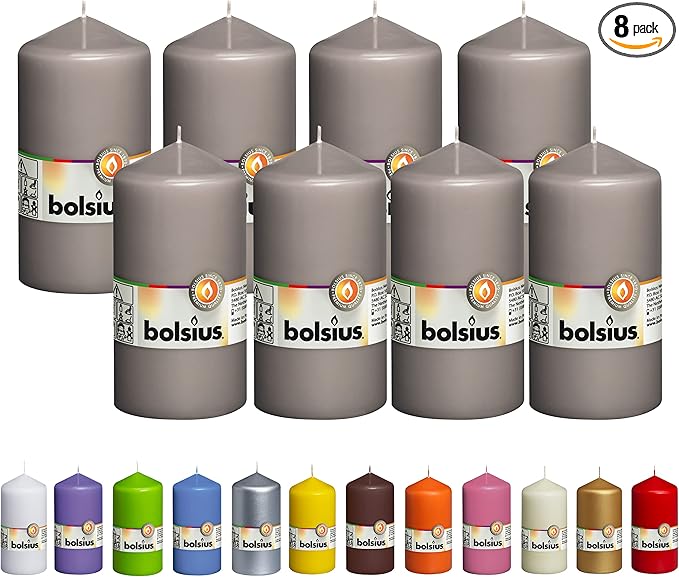 BOLSIUS 8 Grey Pillar Candles - 2.75 x 5 Inches - Premium European Quality - Individually Wrapped - 43 Hours Burn Time - Dripless & Smokeless - Unscented Dinner, Wedding & Restaurant Gray Candles