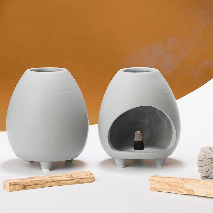 Palo Santo Holder Burner, Handcrafted Ceramic Incense Holder Burner and Ash Catcher for Palo Santo Sticks or sage Bundles, Smudge Bowl, Meditation Home Decor (Gray)