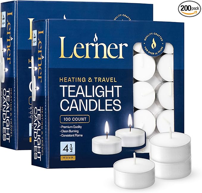 Lerner Tealight Candles, 200 Count | 4.5 Hour Long-Burning White Tea Lights | Non-Toxic, Smokeless & Soot-Free